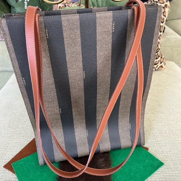 RARE! FENDI LEATHER KHAKI PECAN LOGO PCV TOTE BAG - Picture 5 of 12